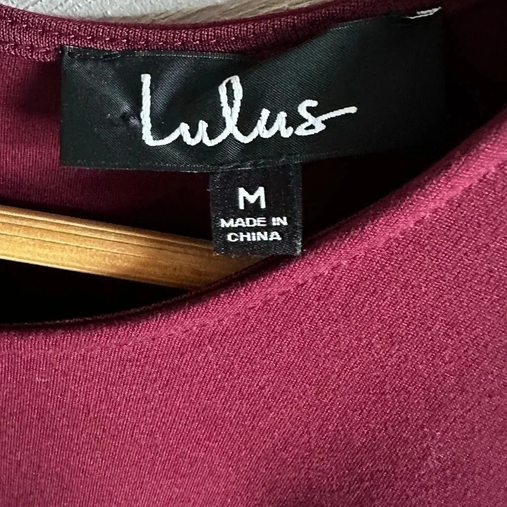 Lulus Cumulonimbus Clouds mini Burgundy Skater Dress scalloped trim Sz M - Picture 6 of 7